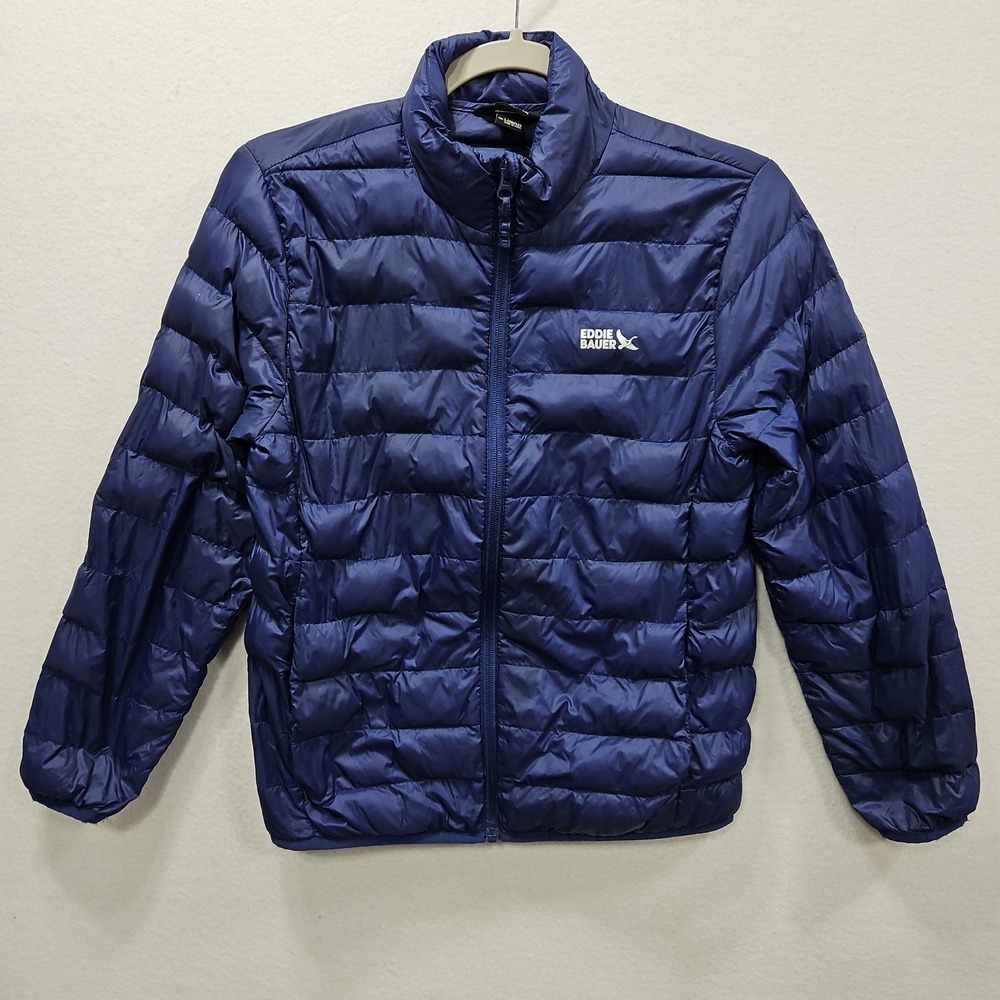 Eddie Bauer Boys Blue Down Puffer Jacket Large 10/12 Insulated Zip Nylon Winter